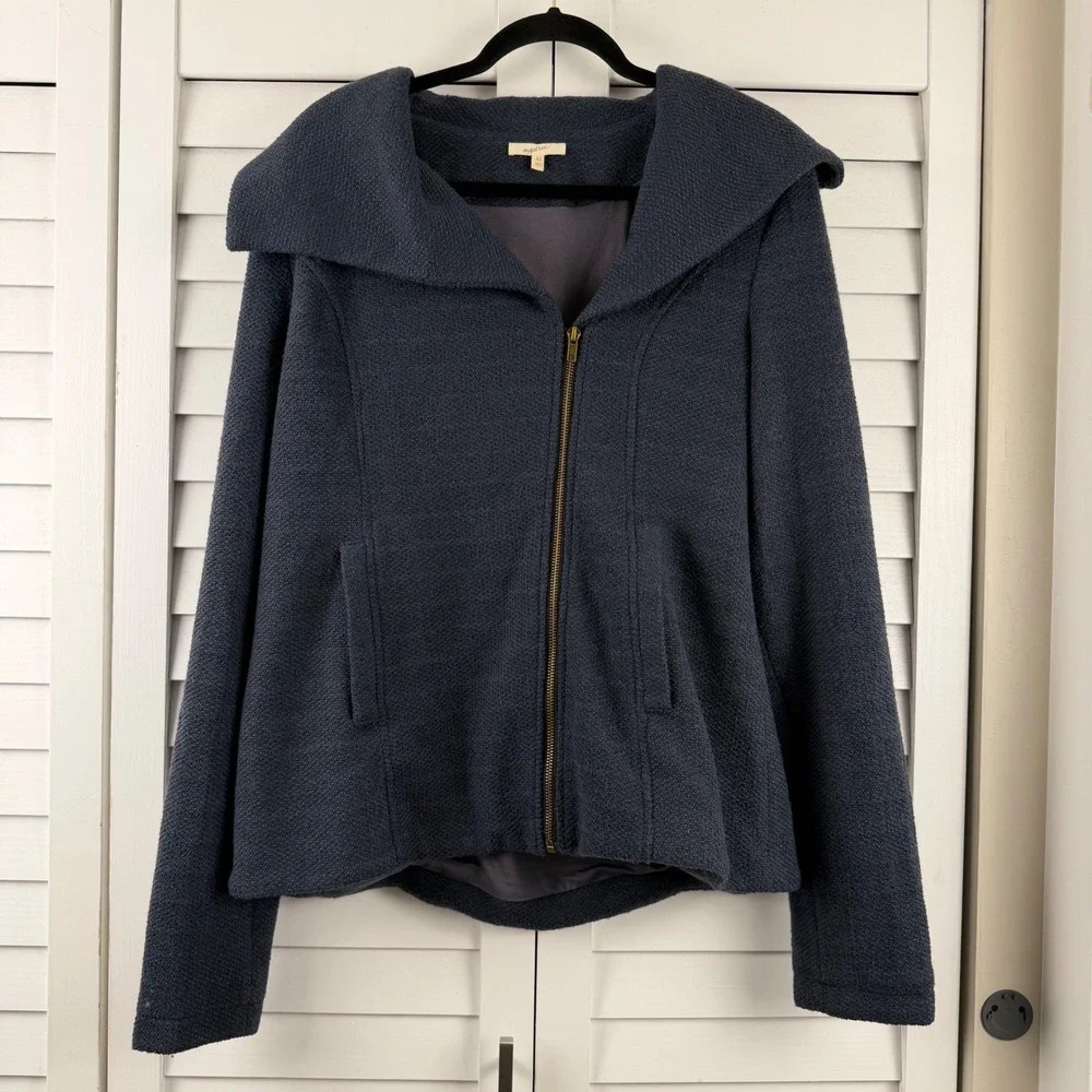 Mystree Textured‎ Zip Up Jacket Women XL Blue Shawl Collar Pocket Boucle